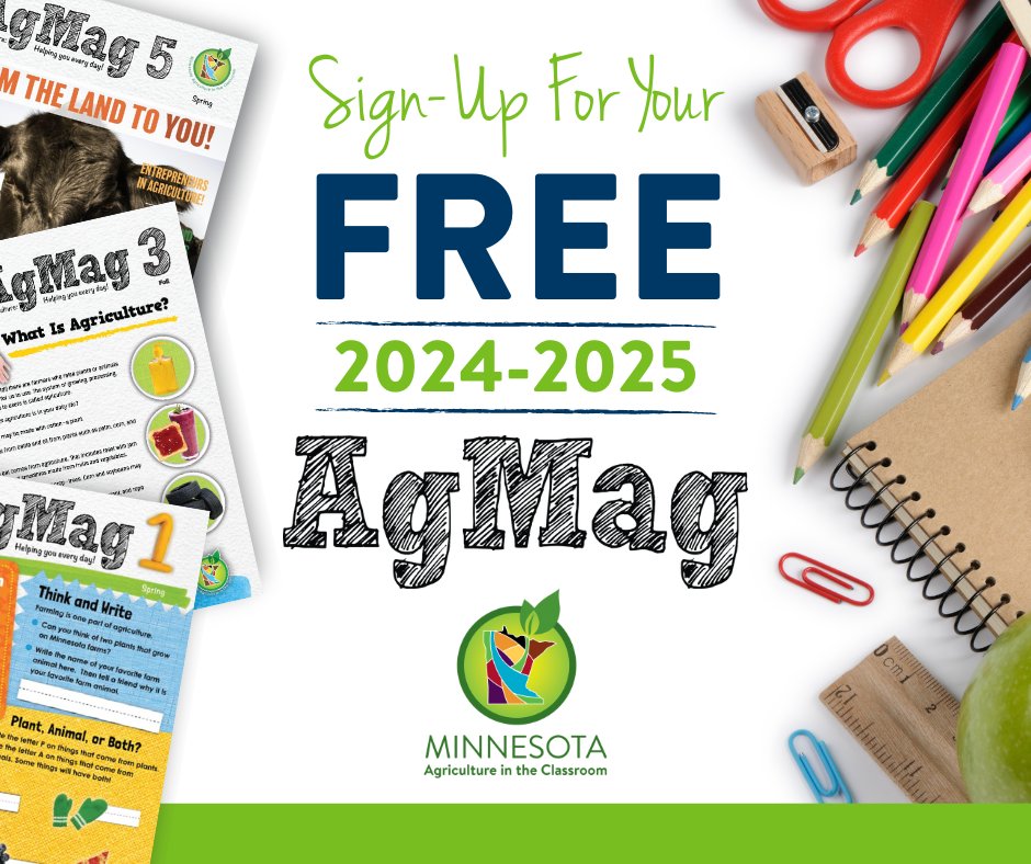 Minnesota K-6 teachers- If you are looking for standards-based print resources, sign up for the 2024-2025 AgMags at bit.ly/3YqlytA 
#mnagmag 
@mnagclassroom