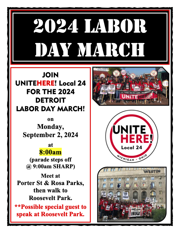 🚨ATTENTION MI MEMBERS:🚨 Meet Local 24 at Porter St &amp; Rosa Parks and march in the #detroit #LaborDay2024 March. Please see the flyer for details. Hope to see you out there. 🎉🎉