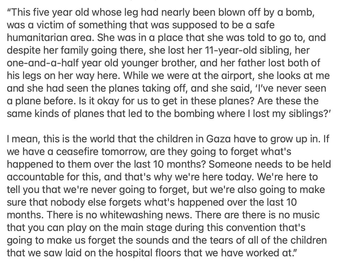 prem_thakker's tweet photo. Dr. Thaer Ahmad recounting what a 5-year-old girl said to him after she was injured by a bomb in Gaza:
"I’ve never seen a plane before. Is it okay for us to get in these planes? Are these the same kinds of planes that led to the bombing where I lost my siblings?’" https://t.co/jHMHLeE2NZ