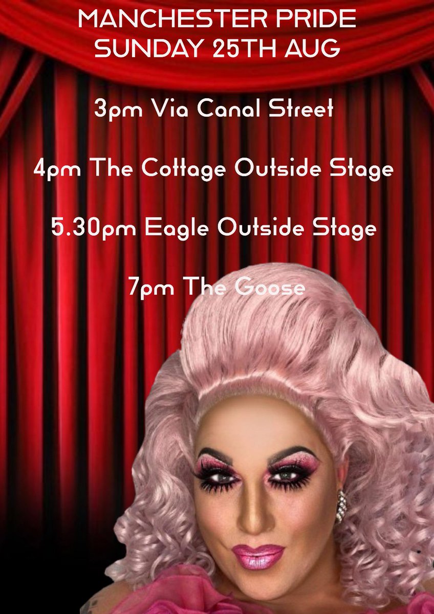 I’m so excited for <a href="/ManchesterPride/">Manchester Pride</a> this weekend it’s always such an honour to perform at this event here is where you can find me from Thursday- Sunday 💋❤️🌈🌈🌈🌈🌈🌈🌈🌈🌈🌈🌈