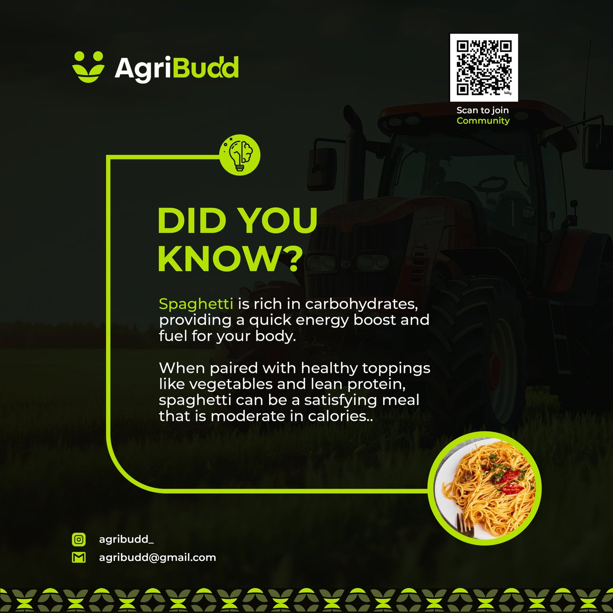 AgriBudd's tweet photo. Did you know that Spaghetti is rich in carbohydrates, providing a quick energy boost and fuel for your body?

#agribuddiscoming
#funfacts
#agribuddfacts
#agribudd
#agribuddtotheworld
#buddingood
#innovative https://t.co/FDBw64cOCB
