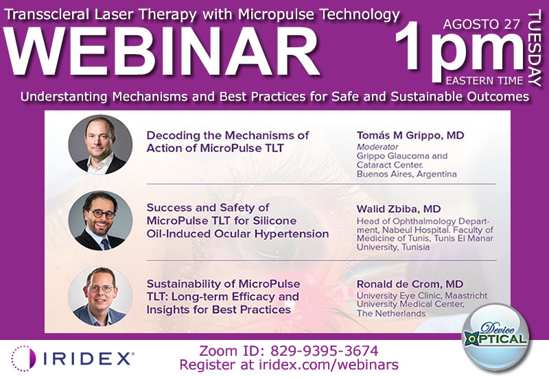 Device_Optical's tweet image. IRIDEX-WEBINAR
Terapia láser transescleral con tecnología MicroPulse®:
27 AGO 1:00 p.m. (USA Eastern Time )
Dr. Tomás M. Grippo (Argentina),
Dr. Walid Zbiba (Tunisia),
Dr. Ronald de Crom (The Netherlands)
ID Zoom 829 9395 3674
#iridex #transescleral #micropulse #terapialaser