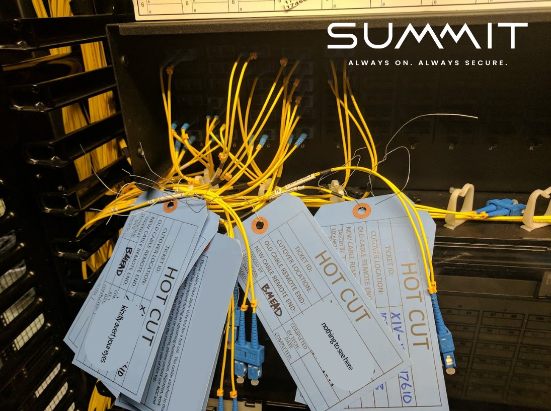 Before declared maintenance with expected downtime ever begins, we'll pre-run cables between old and new patch points. That way, we don't have to deal with time-consuming cable runs once maintenance starts. It's maintenance in minutes, not hours. 💅 gosummit.co/4fRdh98