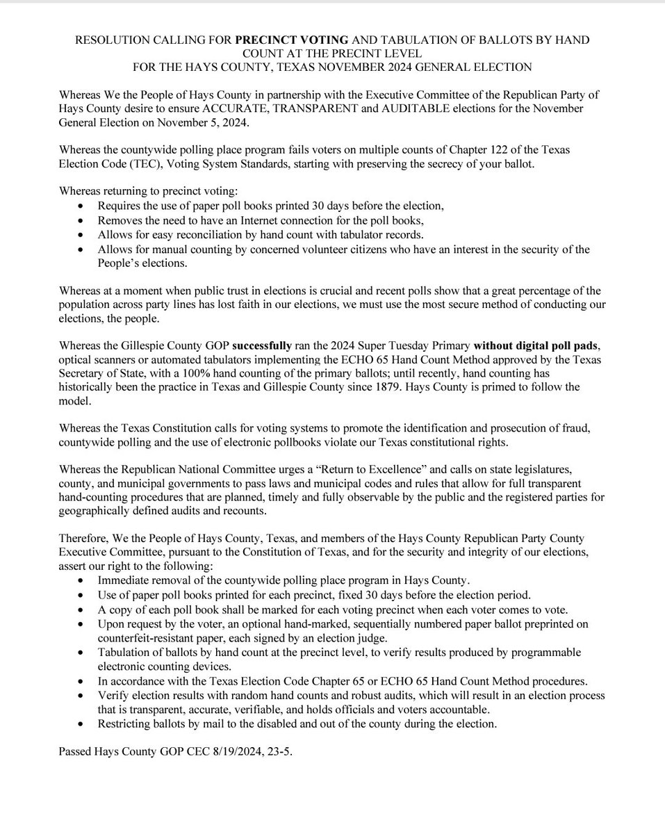 Lorionafarm's tweet image. 📣BREAKING TEXAS 

#HAYS County @TexasGOP PASSES RESOLUTION TO RETURN TO PRECINCT BASED ELECTIONS!!! 

No more unconstitutional County Wide Electronic Voting Systems!! 

Hand counting the 2026 Primary is next!! 

BRAVO!!  👏👏👏

HAYS COUNTY REPUBLICANS!!!!🥳🥳🥳
