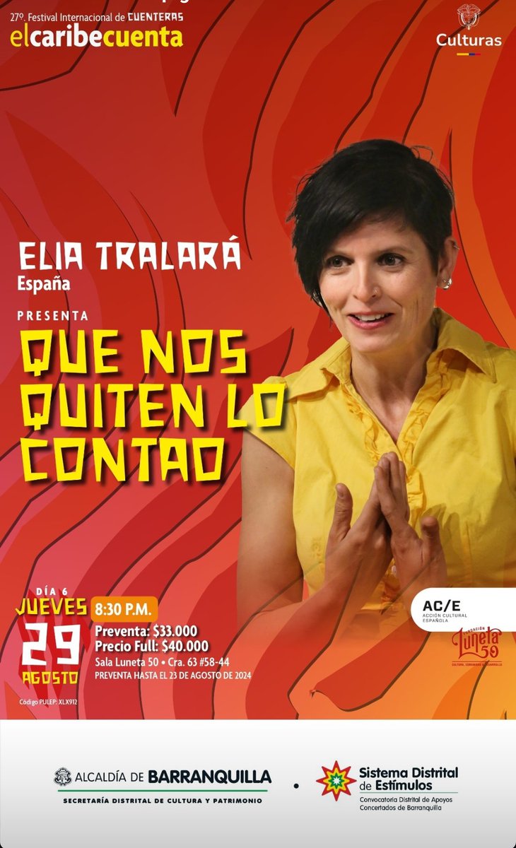 Me voy al Caribe! A El Caribe Cuenta, en concreto, un Festival monísimo que se celebra en Barranquilla y alrededores (Colombia), organizado por las buenas gentes de Luneta 50

Entre el 25 de agosto y el 1 de septiembre allí estaré. 
#elcaribecuenta2024 #NarraciónOral