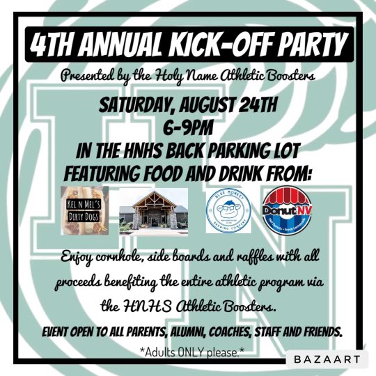 We had our food truck cancel on us over the weekend.  We were able to get another truck in its place. We are excited to have Kel N Mel’s Dirty Dog food truck joining us for the Kickoff Party! <a href="/HNGreenwave/">Holy Name High School</a> <a href="/NamerAthletics/">Holy Name Athletics</a> <a href="/NamerFootball/">Holy Name Football</a> <a href="/HNGB_Hoops/">Holy Name Women’s Basketball</a> <a href="/HNArtsBoosters/">Holy Name Fine Arts Booster Club</a> <a href="/HNicehockey/">Holy Name Ice Hockey</a>