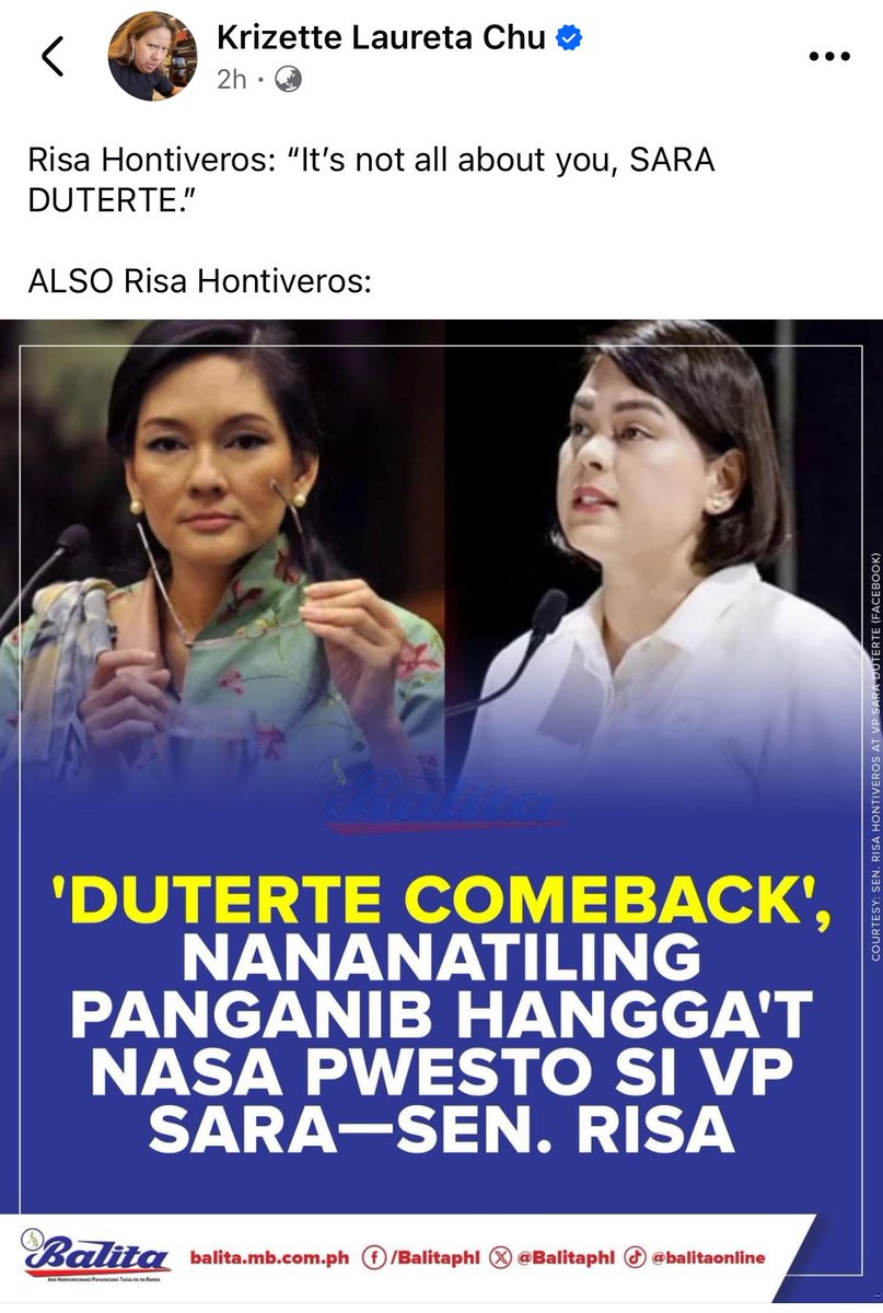 ninabeIlatrix1's tweet photo. “Risa Hontiveros: “It’s not all about you, SARA DUTERTE.”

ALSO Risa Hontiveros: https://t.co/D1Zatjs0tS