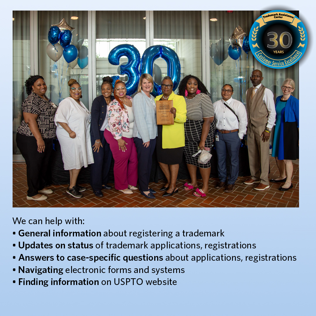 uspto's tweet image. What started as a pilot program with eight employees has grown into a go-to destination for trademark customers powered by 27 skilled professionals. Learn more about the center: bit.ly/3Sao3NH 

#ProtectWhatYouLove #30YearsOfService #30YearsOfTAC