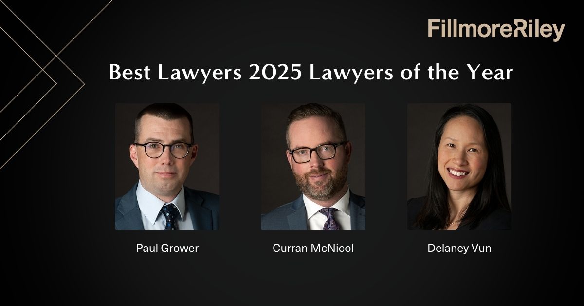 Three Fillmore Riley lawyers were named <a href="/BestLawyers/">Best Lawyers</a> 2025 "Lawyer of the Year" in Winnipeg:
Paul Grower - Tax Law
Curran McNicol - Corporate and Commercial Litigation
Delaney Vun - Commercial Leasing Law