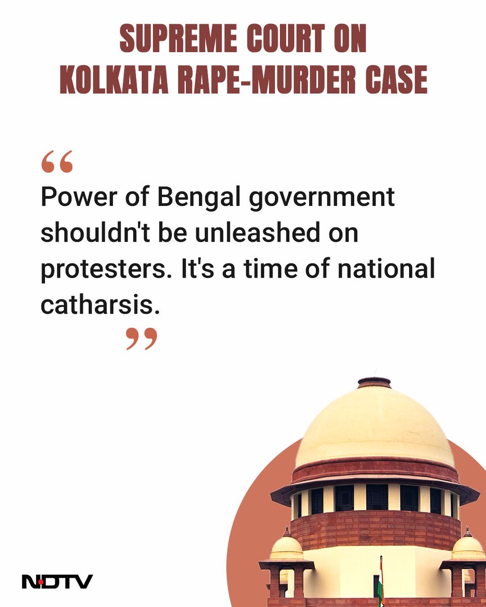 ndtv's tweet photo. #TopQuotes | The Supreme Court has termed the rape and murder case of a trainee doctor at Kolkata's RG Kar Medical College and Hospital "horrific"

#KolkataDoctor #KolkataDoctorDeath #SupremeCourt

🖇️ https://t.co/iZORN97aUW https://t.co/qizy8dX8MY