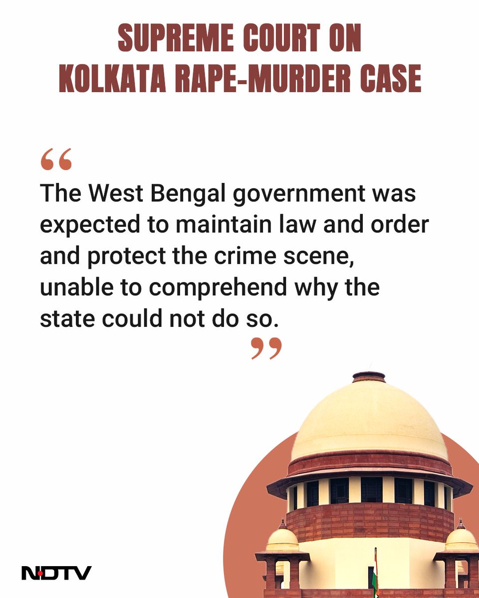ndtv's tweet photo. #TopQuotes | The Supreme Court has termed the rape and murder case of a trainee doctor at Kolkata's RG Kar Medical College and Hospital "horrific"

#KolkataDoctor #KolkataDoctorDeath #SupremeCourt

🖇️ https://t.co/iZORN97aUW https://t.co/qizy8dX8MY