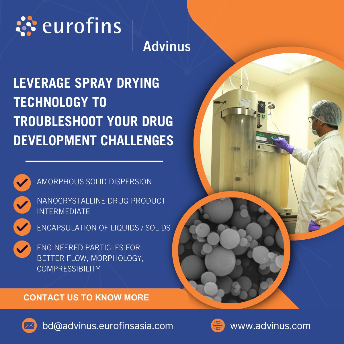 advinus's tweet photo. We are here to assist you overcome drug development hurdles with our spray drying services. 
Connect with us today to discuss your specific needs and explore innovative solutions. Write to us at📧 bd@advinus.eurofinsasia.com 

#drugdevelopment #manufacturing #spraydrying #cdmo https://t.co/xLw8YE5gbu