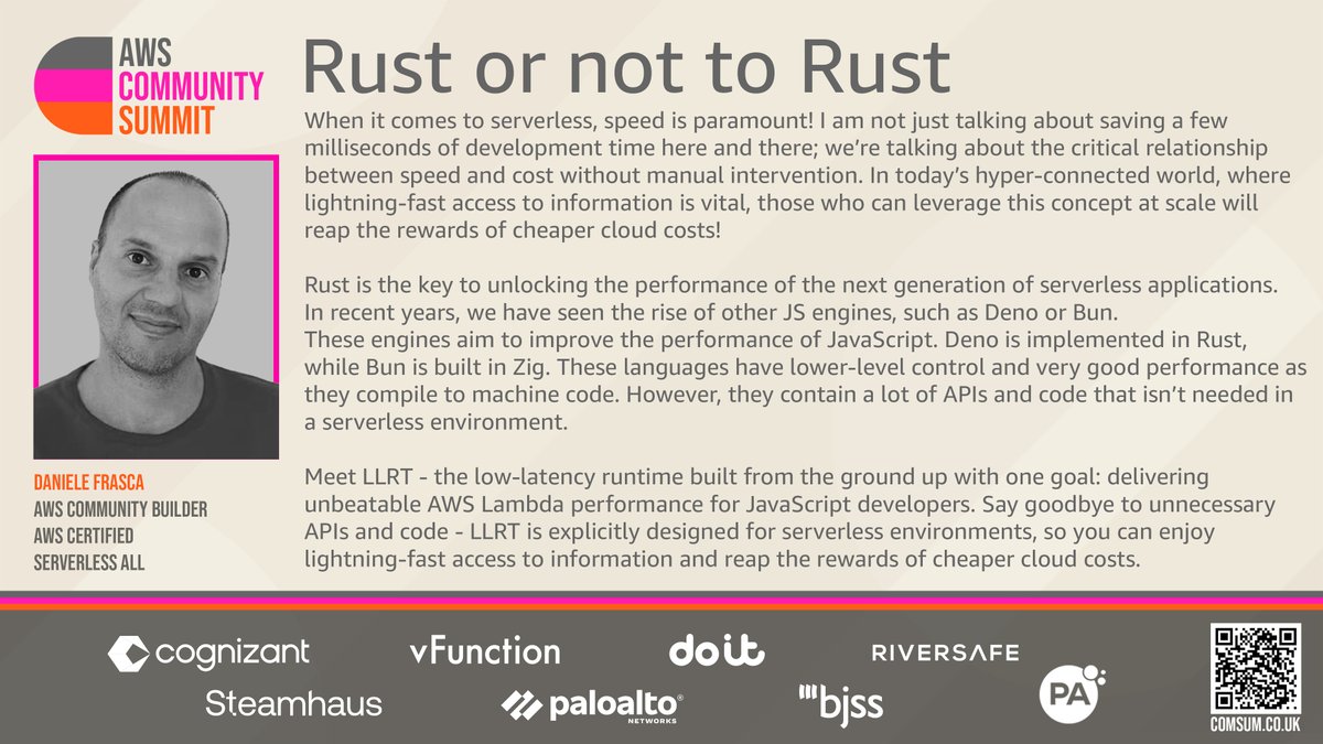 aws community summit (@awscomsum) on Twitter photo Talks! We're sharing abstracts from all our speakers in the run up to next month's Comsum.
Today's we've got daniele frasca. Catch him in the Architects Track.
#comsum
Supported by:
<a href="/Cognizant/">Cognizant</a> @vFunction @Steamhaus <a href="/PaloAltoNtwks/">Palo Alto Networks</a> @DoiT <a href="/PA_Consulting/">PA Consulting</a> <a href="/BJSSLtd/">BJSS</a> <a href="/RiverSafeUK/">RiverSafe</a> Talks! We're sharing abstracts from all our speakers in the run up to next month's Comsum.
Today's we've got daniele frasca. Catch him in the Architects Track.
#comsum
Supported by:
<a href="/Cognizant/">Cognizant</a> @vFunction @Steamhaus <a href="/PaloAltoNtwks/">Palo Alto Networks</a> @DoiT <a href="/PA_Consulting/">PA Consulting</a> <a href="/BJSSLtd/">BJSS</a> <a href="/RiverSafeUK/">RiverSafe</a>