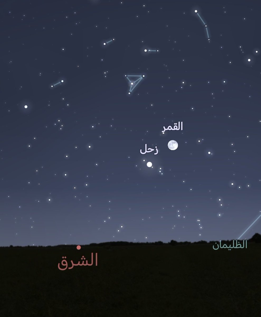 الليلة من بعد غروب الشمس بساعتين تقريبا سنشاهد #القمر في الجهة الشرقية مقترنًا #بكوكب_زحل حيث البعد الظاهري بينهما 0.4°  وسيكون الاقتران أجمل من بعد منتصف الليل وتتم المشاهدة حتى شروق الشمس، و سيحتجب كوكب زحل خلف القمر من منظورنا من الأرض ويُشاهد الإحتجاب من بعض أجزاء الوطن