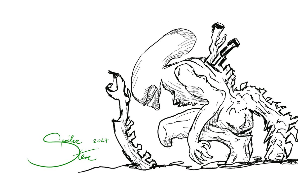 TheSpoilerSteve's tweet image. Morning doodle of Xenomorph from Alien: Romulus. 

Listen to our full spoiler review on the latest episode of @SceneItCast on all podcast platforms. 

Sceneitcast.com/tsic168