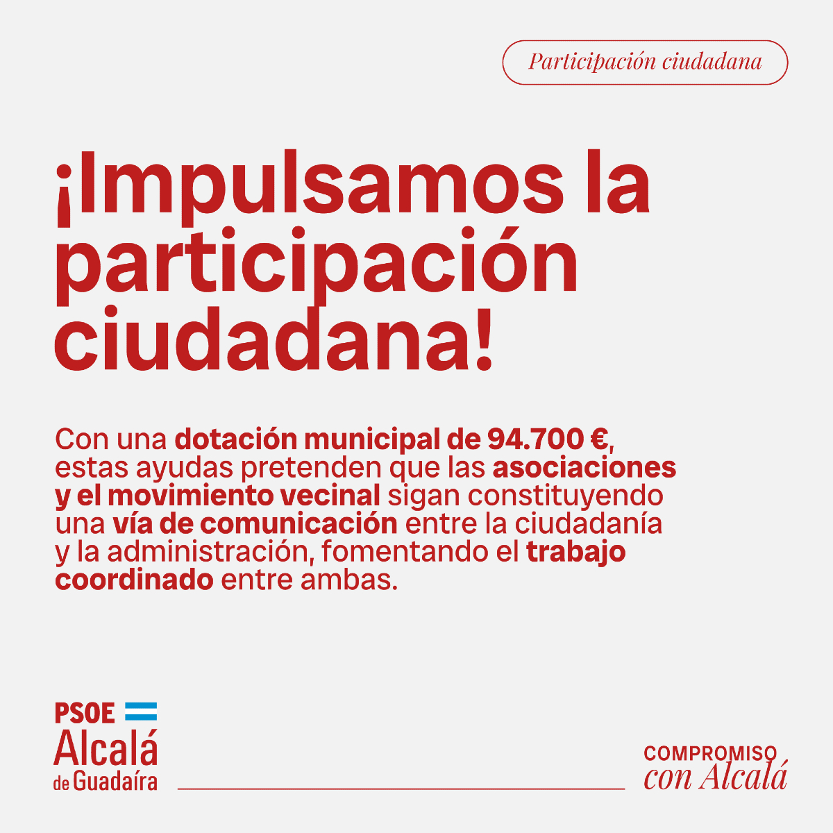 🤝​ Apoyamos a las asociaciones y movimientos vecinales de #Alcalá como órganos esenciales para fortalecer el diálogo entre la ciudadanía y la administración. 

💶​ La dotación de 94.700€ tiene la finalidad de promover la colaboración activa y coordinada. 

#CompromisoConAlcalá