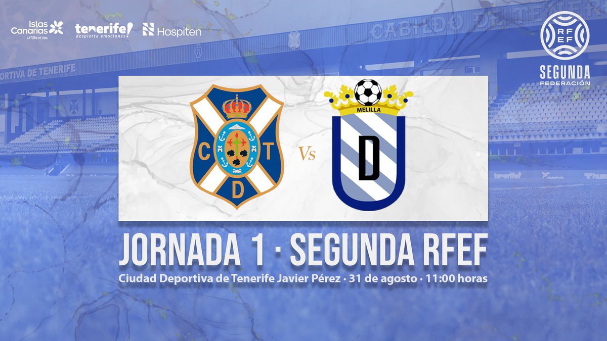 CdtCantera's tweet photo. ⚽️ #TenerifeBMelilla #J1 
🗓 31/8 
🕣 11:00 horas 
🏟 Ciudad Deportiva de Tenerife Javier Pérez
📲 @CdtCantera 

#CanteraCDT @CDTOficial #AmorEterno https://t.co/qfC65wVz6M