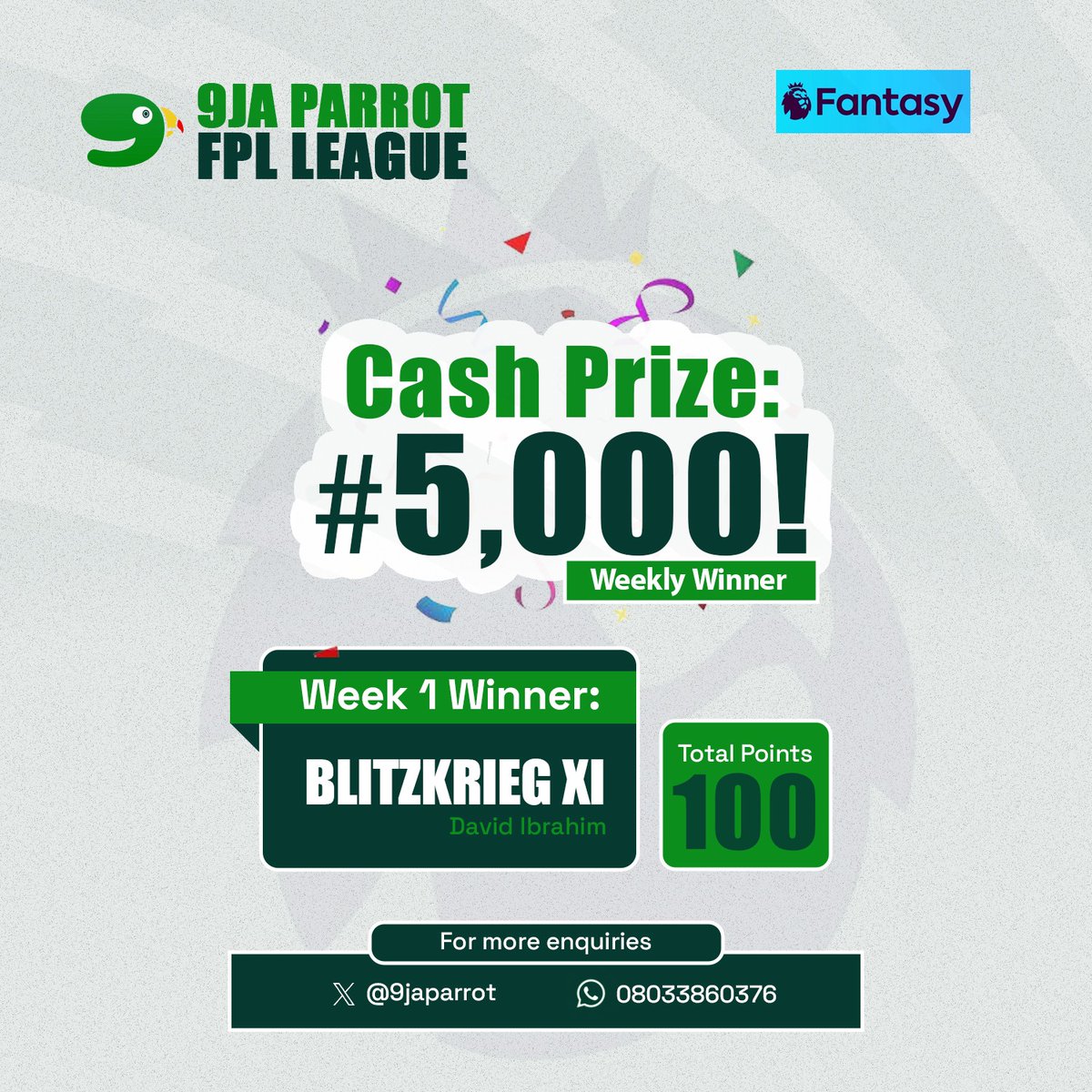 9japarrothq's tweet photo. David Ibrahim (Blitzkrieg XI) is our Game Week 1 winner with 100 points.

Congratulations 🎊 to Ibrahim, kindly DM to claim your prize. https://t.co/TBFOFa7UGE