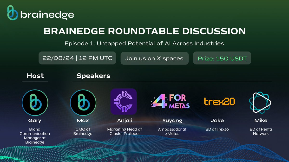 Presenting: Brainedge Roundtable Discussion!

A space where Web3 pioneers come together to share their insights, explore the future, and break down the latest trends.

📣 Episode 1: Untapped Potential of AI Across Industries

🗓️ Date &amp; Time: Aug 22, 2024 | 12 PM UTC
📍 Link: