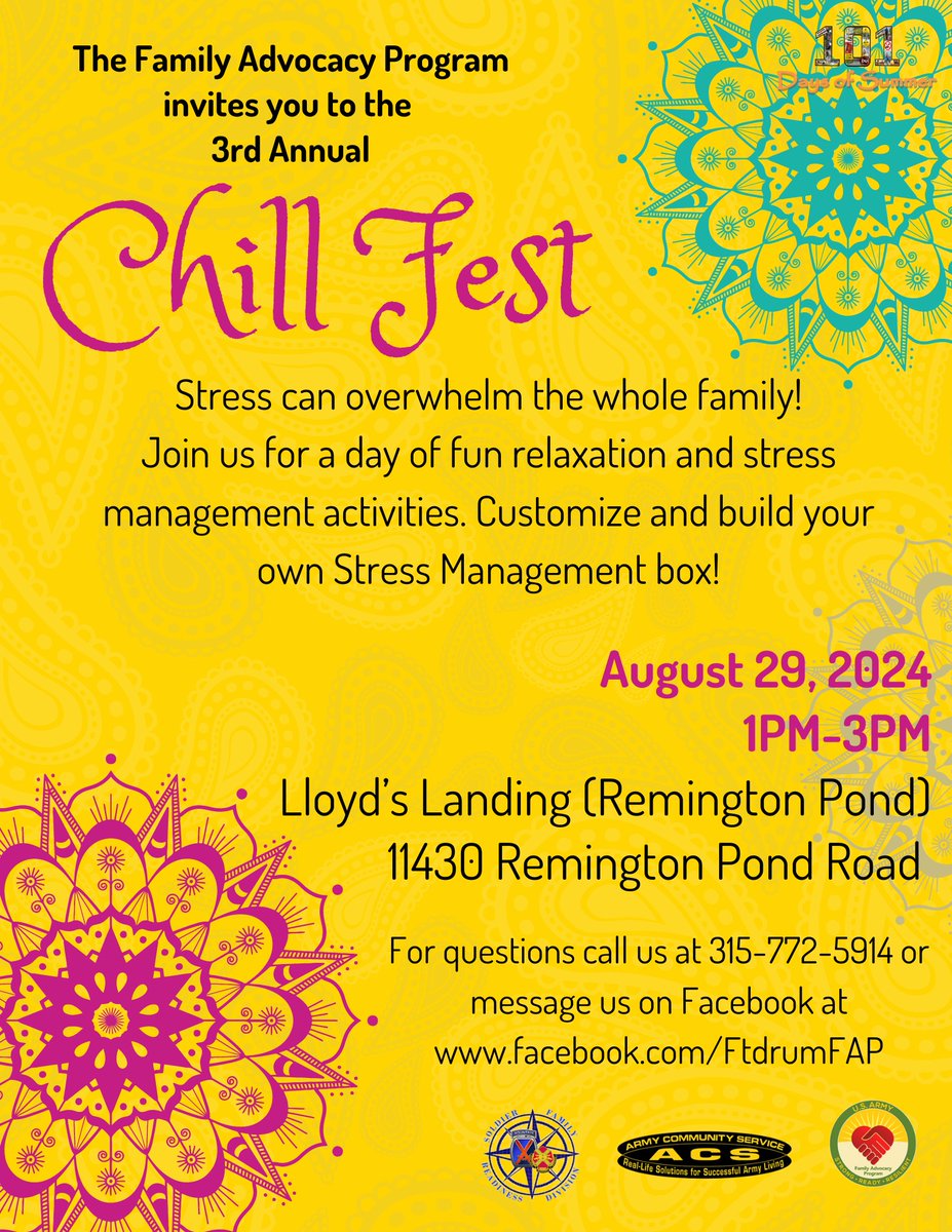 drum10thmtn's tweet photo. Join the Family Advocacy Program for their Annual Chill Fest on August 29, 1-3 PM at Lloydβs Landing, Remington Park! π #FamilyFun #ChillFest #FortDrumEvents https://t.co/npy0fW0Tkj
