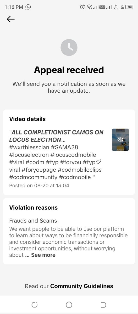 Wxrthless_codm's tweet photo. @TikTokSupport y'all really outright falsely banning videos that aren't even close to what they're taken down for. Fraud and Scams? How is showcasing a skin with various camos on it from the title Call of Duty Mobile a violation of fraud and scamming when I purchased the skin? https://t.co/StOb5N06bn