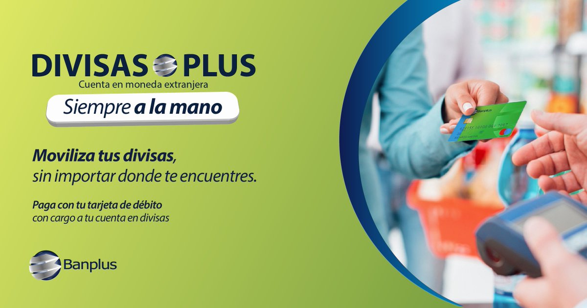 bancaynegocios's tweet photo. Con la cuenta #DivisasPlus de #Banplus puedes realizar tus compras en cualquier lugar del territorio nacional y lo mejor de todo, es que pagas en bolívares con cargo a tu cuenta de divisas. Conoce más aquí: https://t.co/ptadnhlJcm https://t.co/t0nUkzVZKL