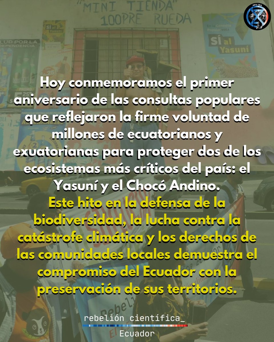 🌍 A un año de las consultas, la lucha continúa. ✊️

🥼 Rebelión Científica Ecuador y sus aliados permanecen firmes en la defensa del Yasuní y el Chocó Andino. 

#SíAlYasuní #SíAlChocóAndino
