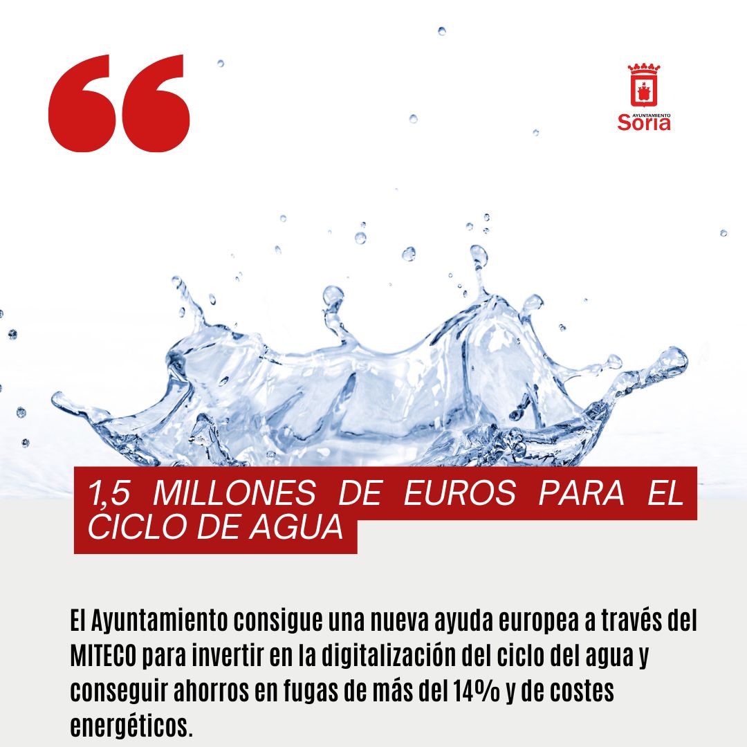 Soria consigue 1,5 millones de euros para la digitalización del ciclo integral del agua de fondos europeos del MITECO <a href="/mitecogob/">Transición Ecológica y Reto Demográfico</a> <a href="/AguadeSoria/">Agua de Soria</a> 
⬇️⬇️