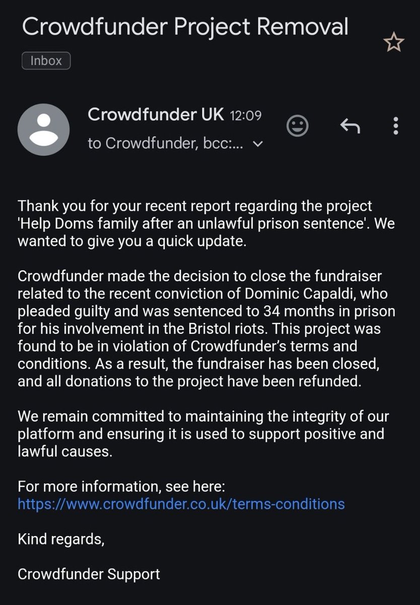 Someone passed this on to me. The fundraiser launched for the  rioter who was jailed has being closed down.