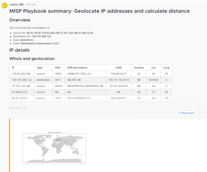 cudeso's tweet photo. A basic @MISPProject playbook to geolocate activity by mapping ip-src & ip-dst attributes, fetching WHOIS data, and calculating distances between IPs. Results are compiled in a MISP report and shared to Mattermost. https://t.co/L1ef9HigYV #geoint #cti #automation #playbooks https://t.co/gpnTFQvwA1