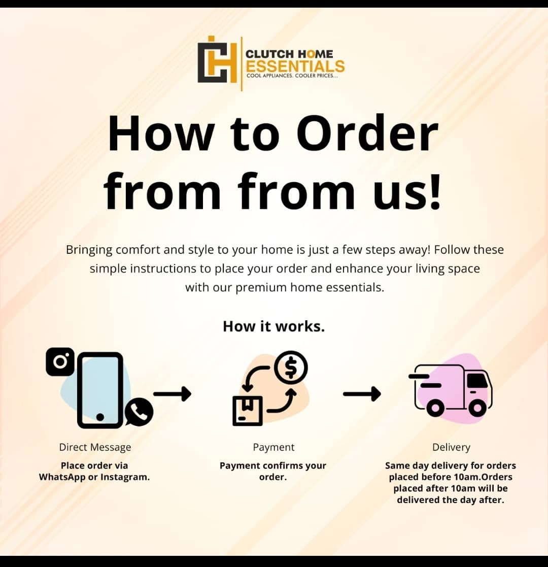 Here's how to order your favourite products from us. it's super easy and fast! 

Call/WhatsApp 0205865431/0545544075 to order yours!

✅️ Delivery fee of 30ghc everywhere in Greater Accra.
#homeessentials #clutchseason