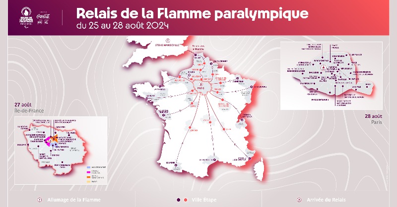 FRAparalympique's tweet photo. Partant de Stoke Mandeville, berceau du mouvement paralympique, le relais de la flamme paralympique traversera la France pendant 4 jours avant d'arriver à Paris le 28 août. Retrouvez le détail du parcours ⬇