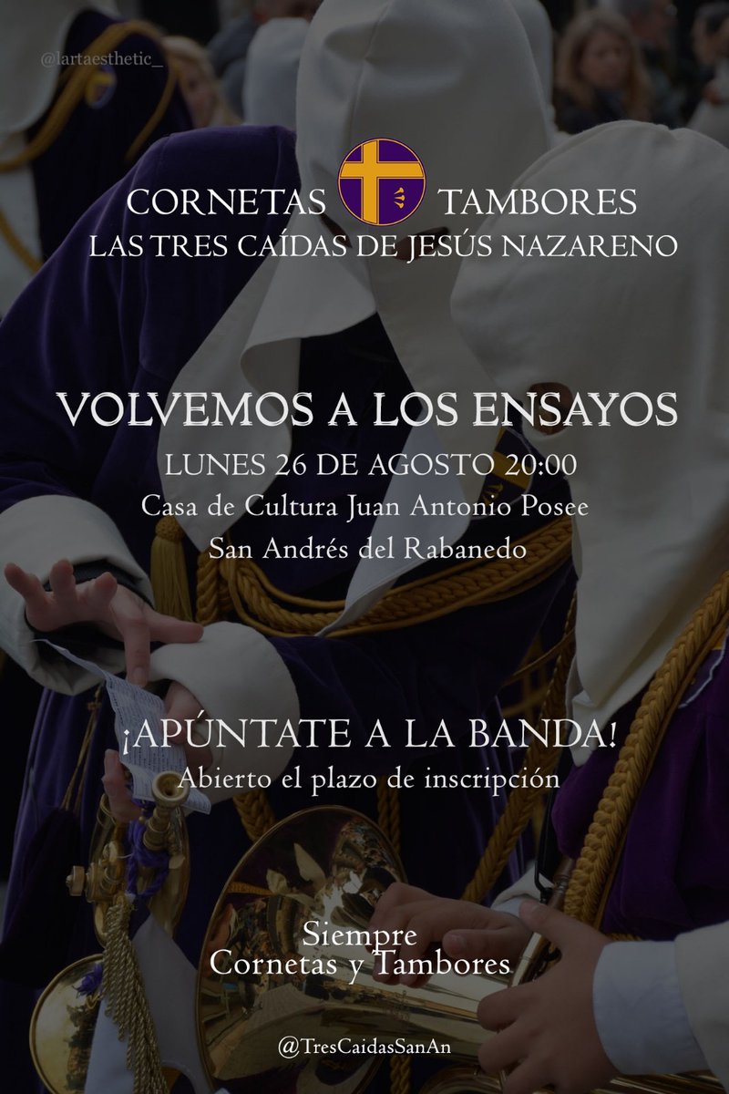 𝑽𝒖𝒆𝒍𝒕𝒂 𝒂 𝒍𝒐𝒔 𝒆𝒏𝒔𝒂𝒚𝒐𝒔
¡𝑨𝒃𝒊𝒆𝒓𝒕𝒐 𝒆𝒍 𝒑𝒍𝒂𝒛𝒐 𝒅𝒆 𝒊𝒏𝒔𝒄𝒓𝒊𝒑𝒄𝒊𝒐𝒏!
Nuestra Banda de Cornetas y Tambores retoma sus ensayos para un año cargado de nuevos retos e ilusiones, el próximo lunes 26 de agosto.
¡Siempre cornetas y tambores!
💜💛🤍