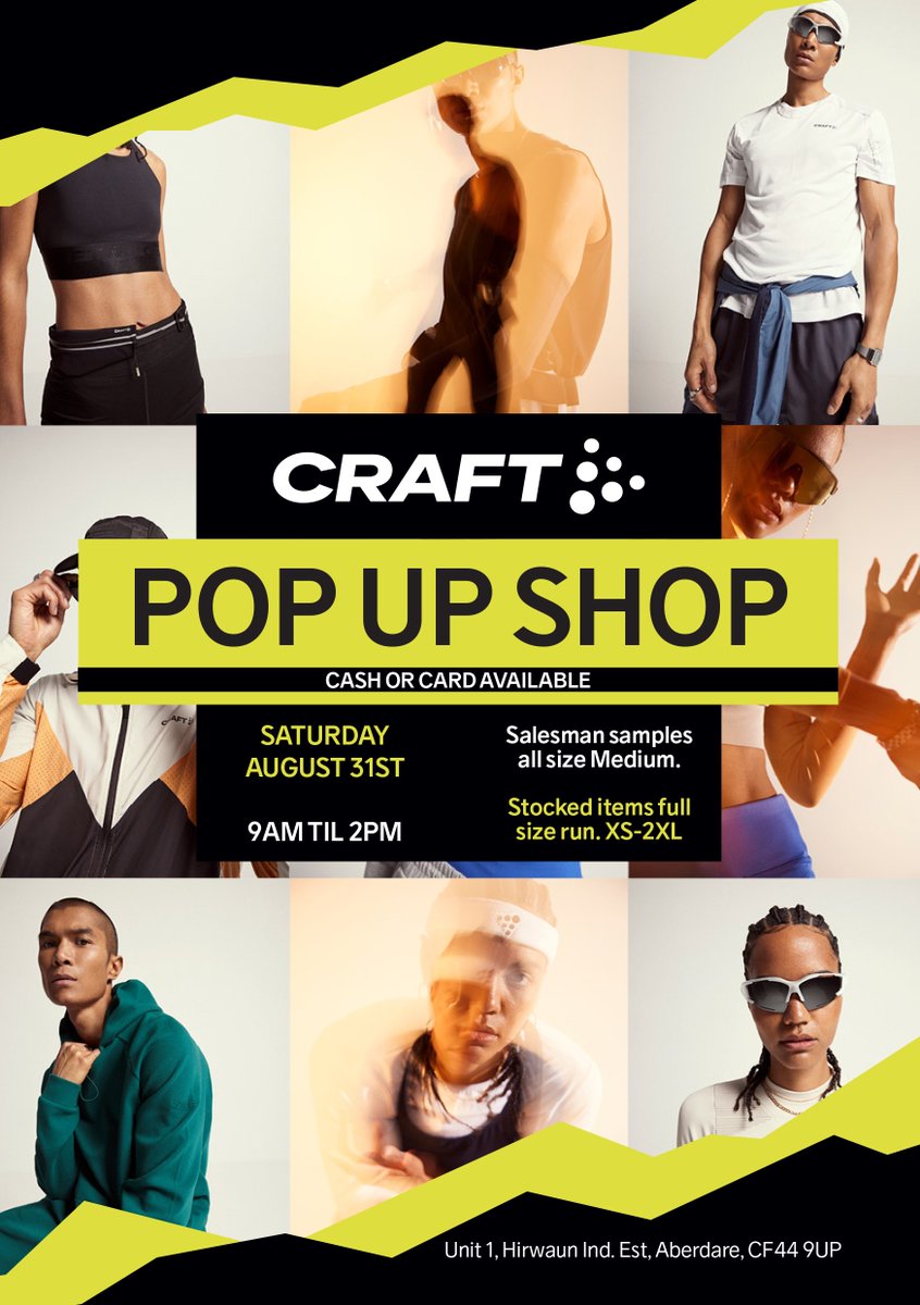 Aberdareparkrun's tweet photo. Hi all,

CRAFT are holding another pop up shop event at their Hirwaun premises on Saturday 31st August between 09:00 and 14:00.

Why not 'pop up' to see what they have on offer after Aberdare parkrun?

Craft Sportswear

https://t.co/qCgdSIMO05 https://t.co/ghDYwDveLk
