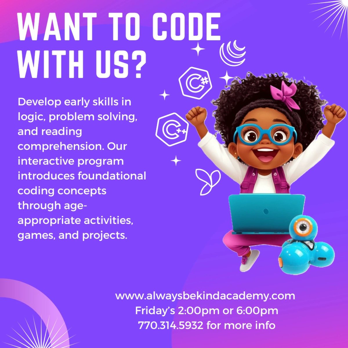 Akakery's tweet image. You still have time to sign up your scholar for in-person, hands on #coding and #robotics class! 
K-5th Grade
#claytoncountyga 
#wonderworkshopdash
