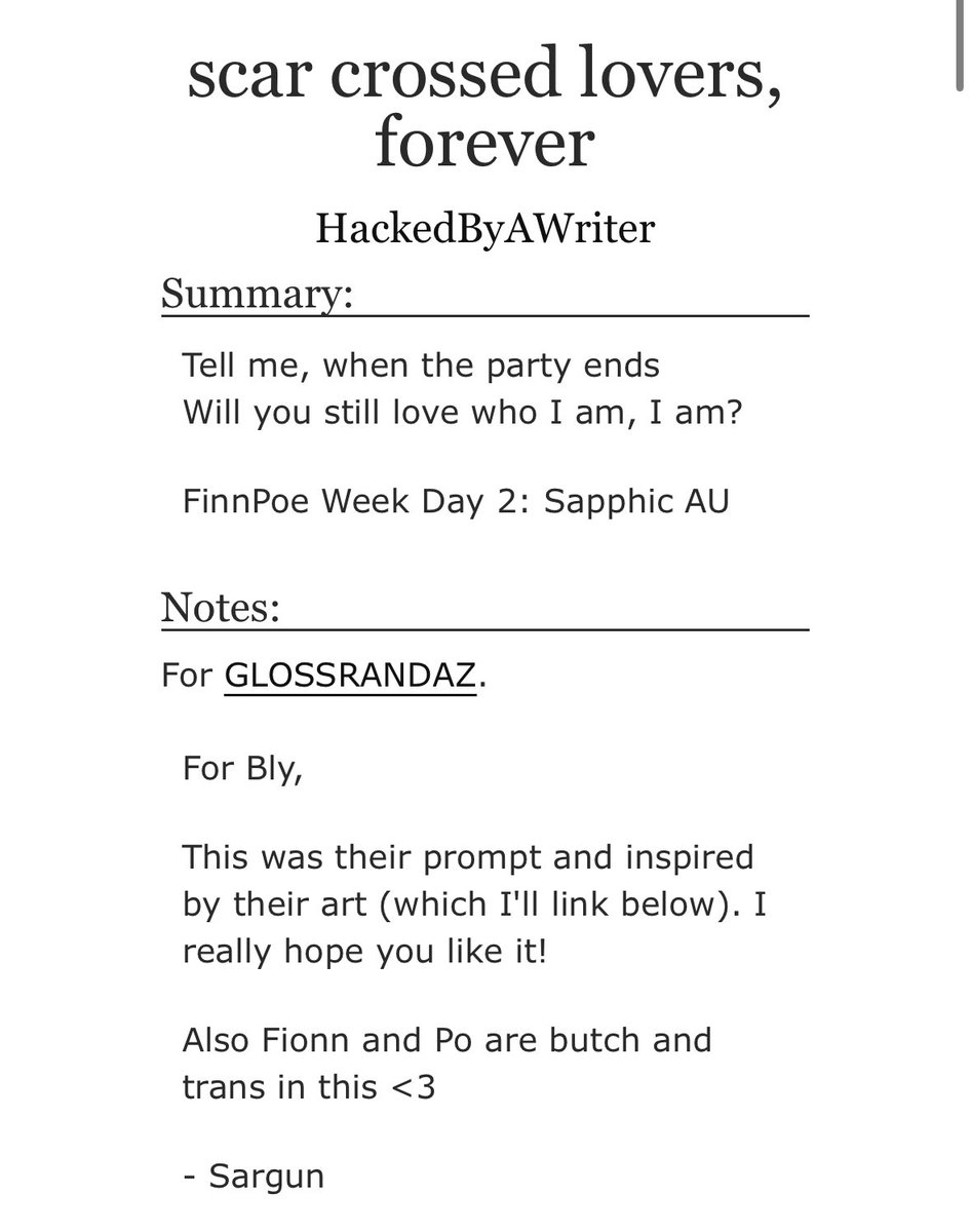 HACK3DBYAWRITER's tweet photo. scar crossed lovers, forever 

[rated M]

special DT: @W1LDSPACE 

#finnpoe #finnpoeweek2024 #fpweek2024

https://t.co/LBipkVSFhr

(If you saw me forget to link the fic no you didn’t) https://t.co/TXYVw0DSeW