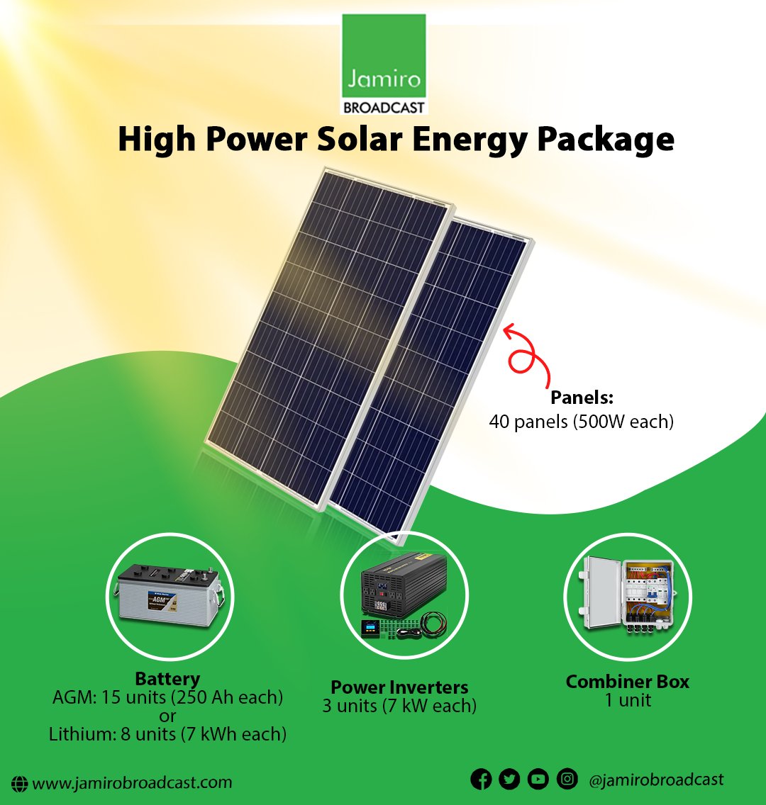 Unleash Maximum Power: Our High Power Solar Energy Package delivers unparalleled energy efficiency, designed for large commercial applications. Power your operations with Jamiro Broadcast's expertise. #HighPowerSolar #JamiroBroadcast #SustainableEnergy  #EnergyEfficiency