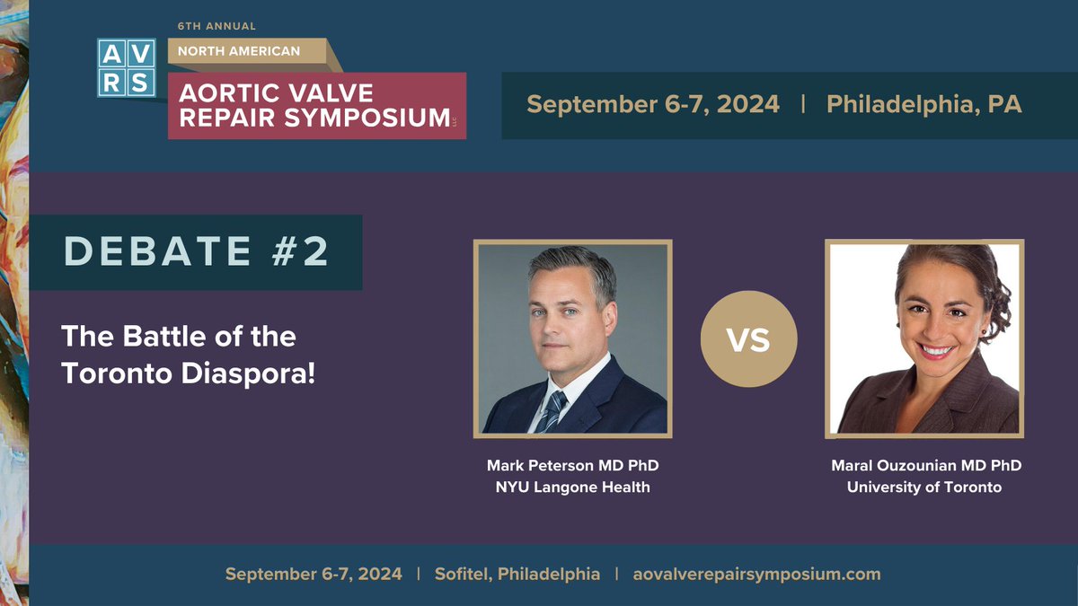 Aortic Valve Repair Symposium (@avrs2024) on Twitter photo Attending #AVRS2024? You're not going to want to miss #debate "The #battle of the #Toronto Diaspora" with <a href="/OuzounianMD/">Maral Ouzounian</a> and Mark Peterson MD Phd on Day 1! Check out the agenda! aovalverepairsymposium.com <a href="/BavariaMd/">Joe Bavaria, MD</a> <a href="/NimeshDesaiMD/">Nimesh Desai MD PhD</a> <a href="/John_J_Kelly_MD/">John J. Kelly, MD</a> <a href="/PrashanthVall12/">Prashanth Vallabhajosyula, MD, MS</a> Attending #AVRS2024? You're not going to want to miss #debate "The #battle of the #Toronto Diaspora" with <a href="/OuzounianMD/">Maral Ouzounian</a> and Mark Peterson MD Phd on Day 1! Check out the agenda! aovalverepairsymposium.com <a href="/BavariaMd/">Joe Bavaria, MD</a> <a href="/NimeshDesaiMD/">Nimesh Desai MD PhD</a> <a href="/John_J_Kelly_MD/">John J. Kelly, MD</a> <a href="/PrashanthVall12/">Prashanth Vallabhajosyula, MD, MS</a>
