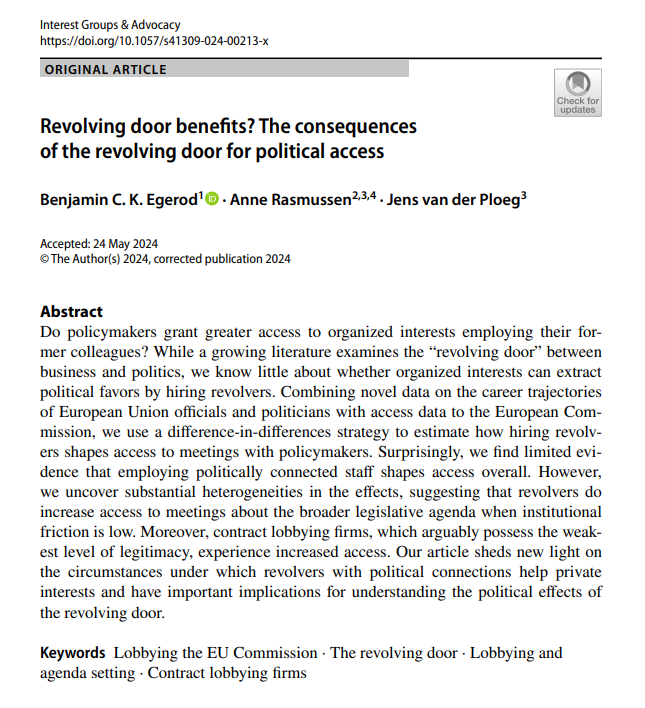 Benjamin Egerod (@bcegerod) on Twitter photo In a new paper with <a href="/a_rasmussen/">Anne Rasmussen - @annerasmussen.bsky.social</a> and <a href="/JensAdriaan/">Jens van der Ploeg</a> we show new evidence on the relation between the revolving door and access to decision-makers in the EU. The article is open access in <a href="/IGA_journal/">Interest Groups & Advocacy</a>: link.springer.com/article/10.105…
Future studies should probe further with better data 1/5 In a new paper with <a href="/a_rasmussen/">Anne Rasmussen - @annerasmussen.bsky.social</a> and <a href="/JensAdriaan/">Jens van der Ploeg</a> we show new evidence on the relation between the revolving door and access to decision-makers in the EU. The article is open access in <a href="/IGA_journal/">Interest Groups & Advocacy</a>: link.springer.com/article/10.105…
Future studies should probe further with better data 1/5