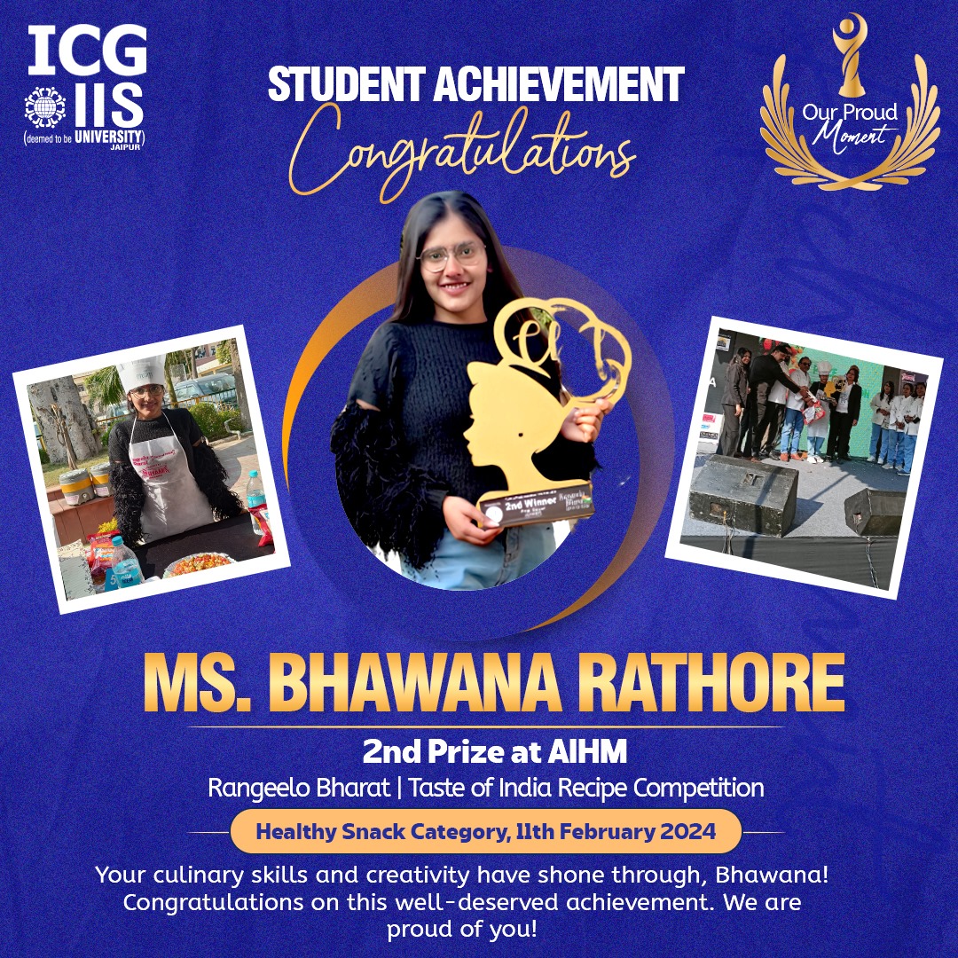 IISUniversity's tweet image. 🎉 Congratulations to Ms. Bhawana Rathore for winning 2nd Prize at AIHM’s Rangeelo Bharat |

 Taste of India Recipe Competition!🥈 

#StudentAchievement #IISUniversity #CulinarySuccess #ProudMoment #ICG