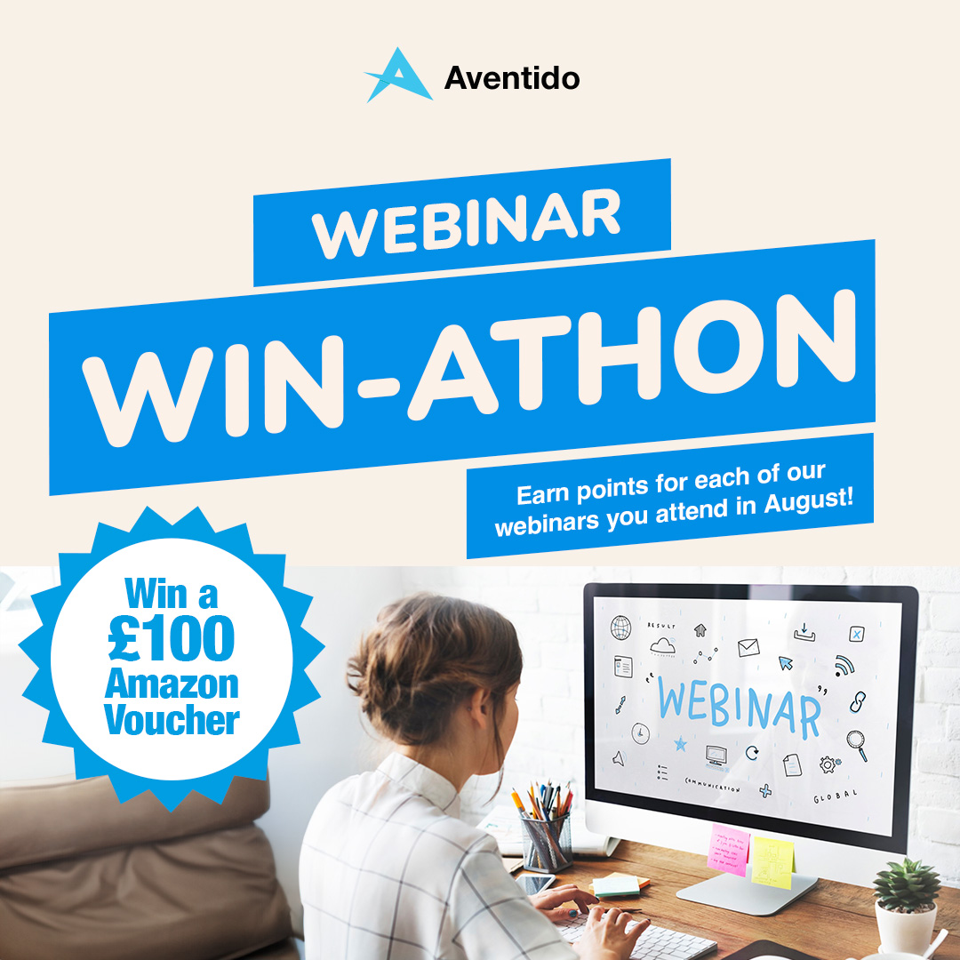 aventido's tweet photo. There are just under 2 weeks left to enter our Webinar Win-Athon!

For each of our product-focused webinars you attend this month, you'll earn points and be entered into a leaderboard. The person who tops the leaderboard at the end of the month will win a £100 Amazon Voucher! https://t.co/454zczSXQt
