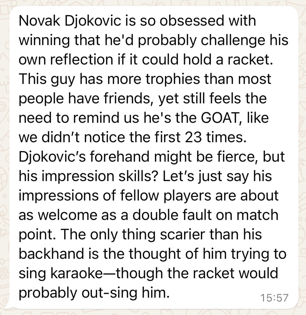 wild_shutterbug's tweet photo. Chat GPT roast Novak Djokovic @DjokerNole @NovakFanClub NOT TOO BAD ! https://t.co/DCJCw8gANU