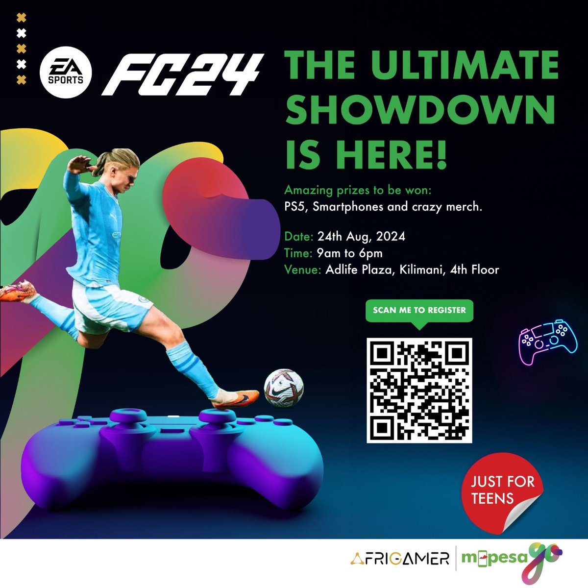 afrigam_er's tweet photo. 🎉 Get READY for the ultimate showdown at the Grand Teens EAFC Tournament on August 24th at Afrigamer! 🏆 Play your heart out for a chance to WIN a PlayStation 5, epic smartphones, and awesome merch! 🎮📱 Don’t miss out—SCAN the QR code now to sign up and be part of the action! https://t.co/OYBMqQ7hCA