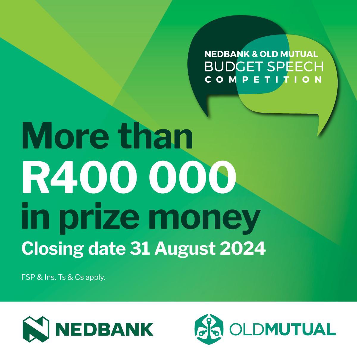 SilumaKhanya's tweet photo. Competition time 🤑🥵!Enter the 53rd @Nedbank & @OldMutualSA Competition & showcase your interesting ideas on public debt and economic growth. Due 31 August 2024. https://t.co/M8t8kvEOXJ #BudgetSpeechComp #FutureEconomists #FutureShapers https://t.co/A0v99BgNSM