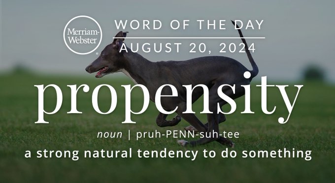 Merriam-Webster Word of the Day August 20, 2024 'propensity' noun | pruh-PENN-suh-tee "a strong natural tendency to do something" Background Image: a greyhound running. 