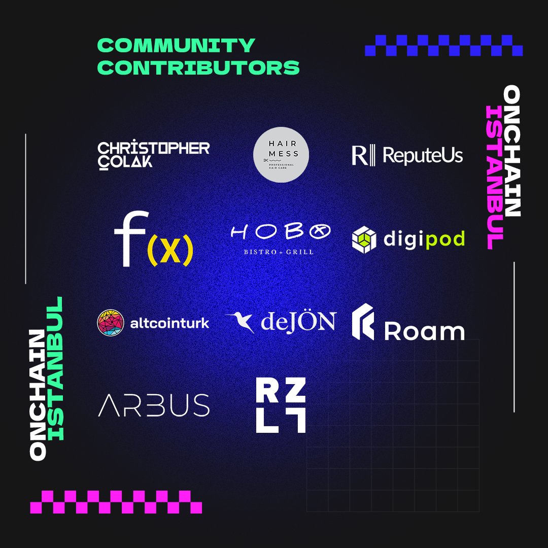 Onchain Istanbul Event Supporters:

We are pleased to have the support of the following brands:

Christopher Çolak (<a href="/Chriak/">Christopher Çolak / Chriak</a>)
ReputeUs (<a href="/reputeus/">ReputeUs</a>)
Hobo Bar + Bistro (<a href="/HoboIstanbul/">HoboIstanbul</a> )
FunctionX (<a href="/Functionx_io/">Function X is now Pundi AI</a>)
Digipod (@digipod_io)
AltcoinTürk (<a href="/altcointurk/">Altcointurk</a>)
deJÖN (<a href="/dejondefi/">deJÖN | DeFi ve Bitcoin ⚡️🦇🔊</a>)
Roam