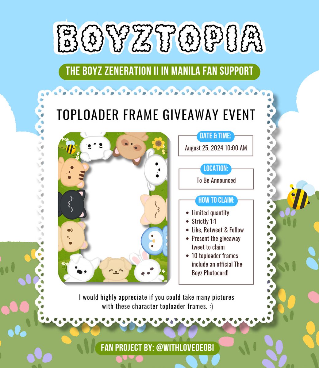 withlovedeobi's tweet photo. ☁️🍀🐝 BOYZTOPIA: The Toyz Character Toploader Frames

— Zeneration II in Manila Fan Support by @withlovedeobi ✨️

♡ Limited quantity only
Check poster for more details! ↓

See you on D-day! 🌻🍃

#ZENERATION2_MNL
#THEBOYZ #더보이즈 
#ZENERATION2 #제너레이션2 https://t.co/dnDWkzsrpC