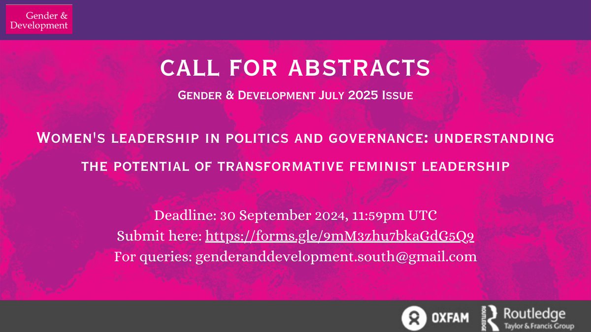 Inviting contributions for G&amp;D's July 2025 Issue on 'Women's leadership in politics and governance: understanding the potential of transformative feminist leadership'!
Detailed call: tinyurl.com/54ddzc2j
Submit here: forms.gle/9mM3zhu7bkaGdG…
Deadline: 30 September, 11:59pm UTC