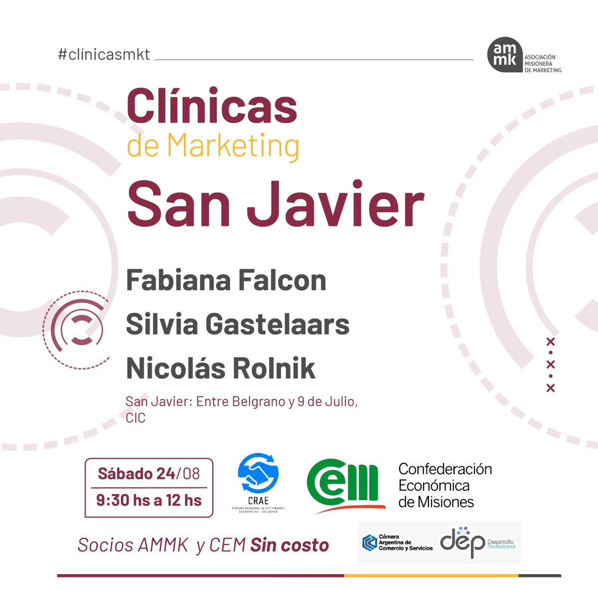 CEMISIONES's tweet photo. 📣Llegan las #ClinicasdeMarketing a Oberá, Alem y San Javier!

👨‍💻🧑‍💻La @ammkoficial junto a la CEM y las cámaras de comercio lanzan el ciclo de clínicas que tendrá como objetivo acercar el marketing a la sociedad y ofrecer herramientas
 
🔶Info completa: https://t.co/8RUBM6h25S https://t.co/IHsKvAielo