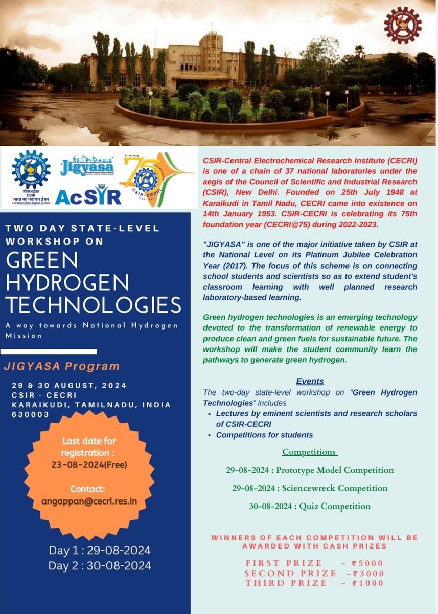 h_pongilath's tweet photo. Two days State level workshop:
Date: 29th & 30th (Thursday & Friday) August 2024 at #CSIR - #CECRI (Central Electrochemical Research Institute), #Karaikudi, #TamilNadu
#workshop
(1/2) https://t.co/f8Kd134yNb